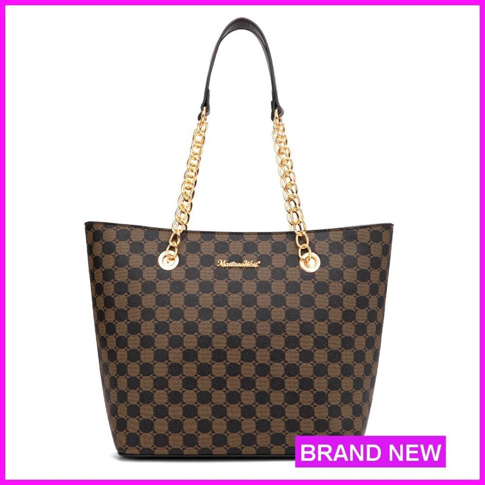Large Vegan Leather Tote Bag with Chain Handle, Zipper Closure
